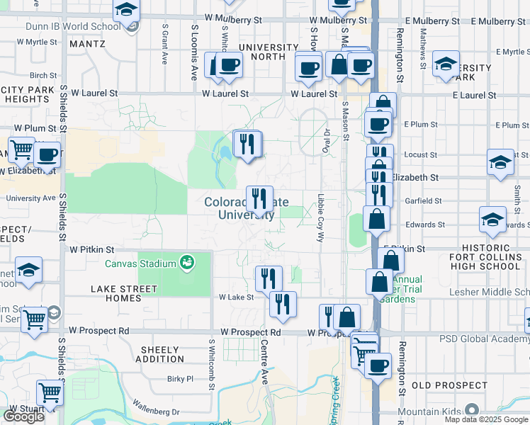 map of restaurants, bars, coffee shops, grocery stores, and more near 1101 Center Avenue Mall in Fort Collins