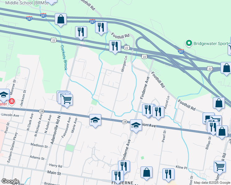 map of restaurants, bars, coffee shops, grocery stores, and more near 31 Morgan Lane in Bridgewater