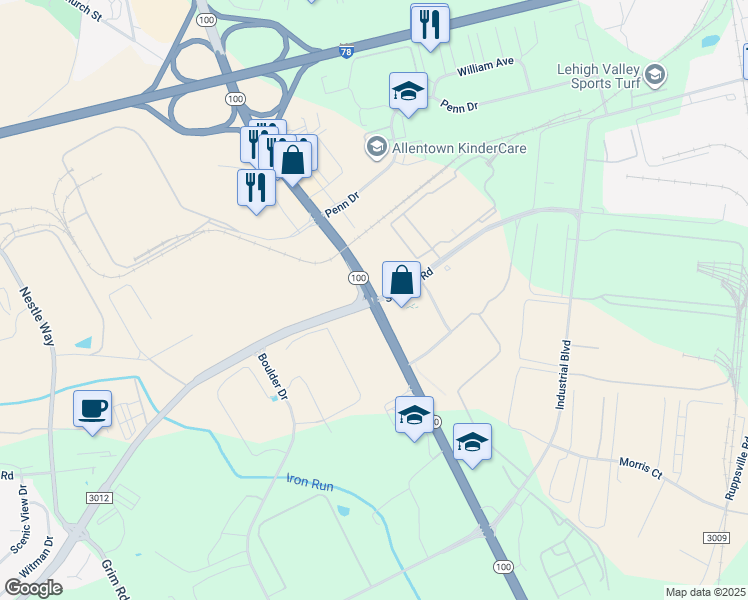 map of restaurants, bars, coffee shops, grocery stores, and more near Highway 100 in Allentown