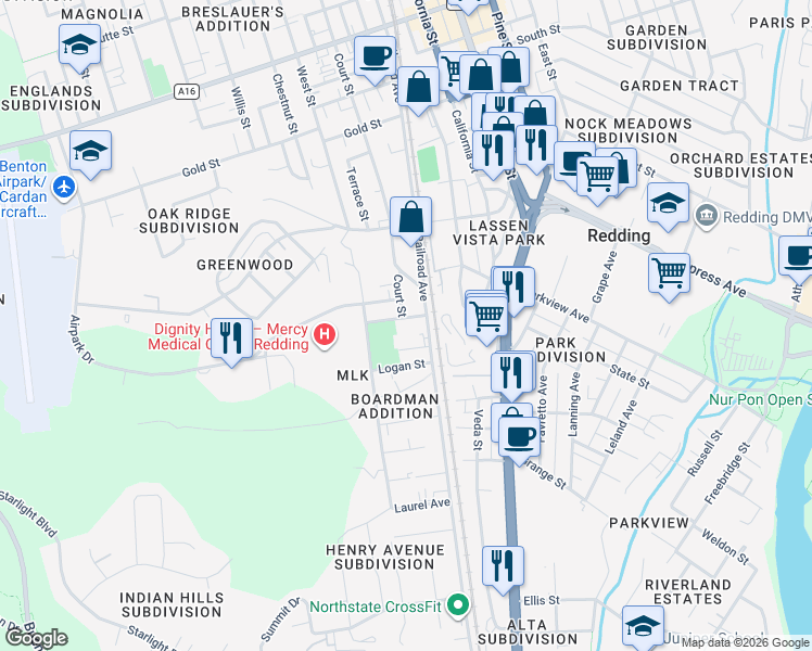 map of restaurants, bars, coffee shops, grocery stores, and more near 1725 Sheridan Street in Redding