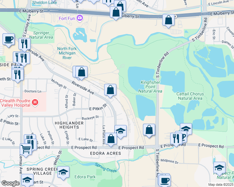 map of restaurants, bars, coffee shops, grocery stores, and more near 1101 Academy Court in Fort Collins