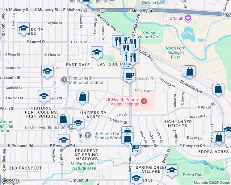 map of restaurants, bars, coffee shops, grocery stores, and more near 1104 Green Street in Fort Collins