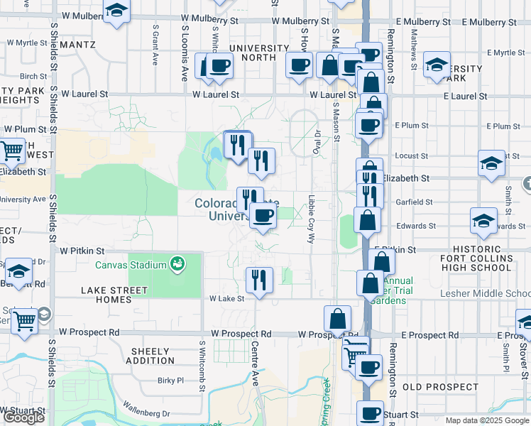 map of restaurants, bars, coffee shops, grocery stores, and more near in Fort Collins