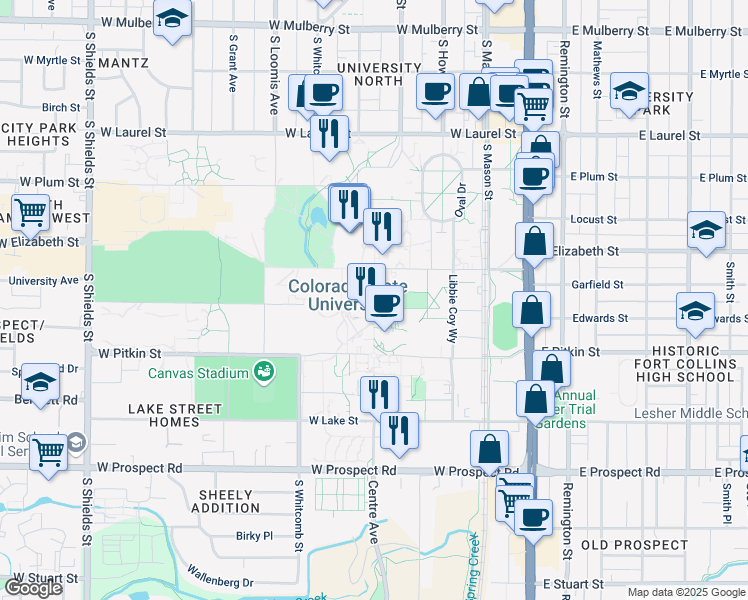 map of restaurants, bars, coffee shops, grocery stores, and more near 1231 Central Avenue Mall in Fort Collins