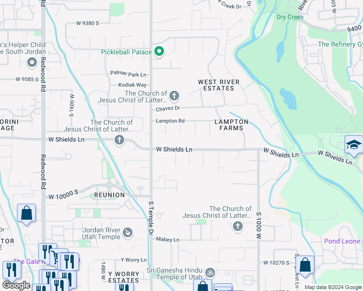 map of restaurants, bars, coffee shops, grocery stores, and more near 9877 1230 West in South Jordan