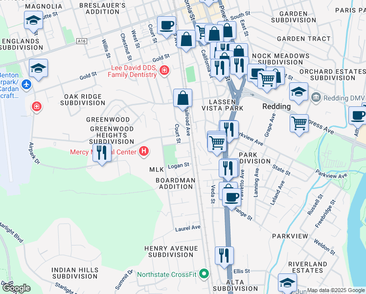 map of restaurants, bars, coffee shops, grocery stores, and more near 1812 Grant Street in Redding