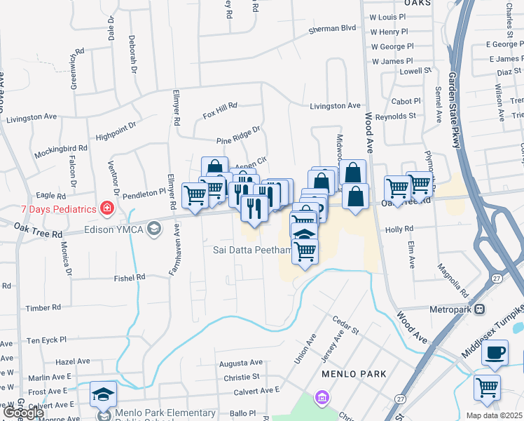 map of restaurants, bars, coffee shops, grocery stores, and more near 1677 Oak Tree Road in Edison