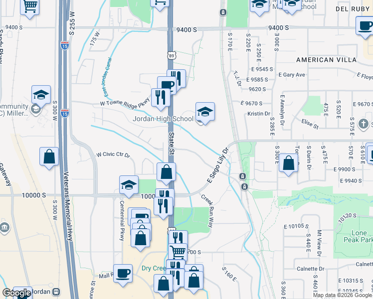 map of restaurants, bars, coffee shops, grocery stores, and more near 99 East 9825 South in Sandy