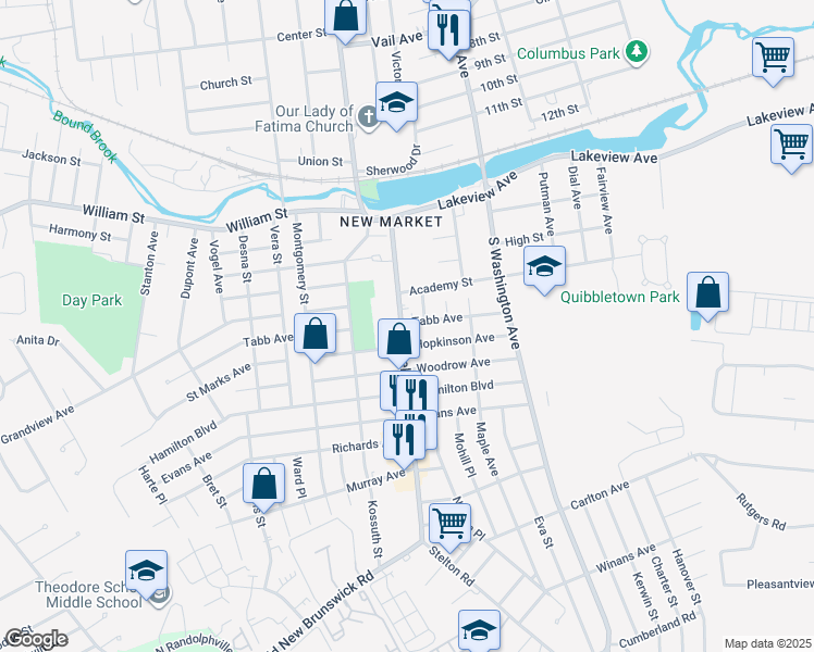 map of restaurants, bars, coffee shops, grocery stores, and more near 119 Stelton Road in Piscataway