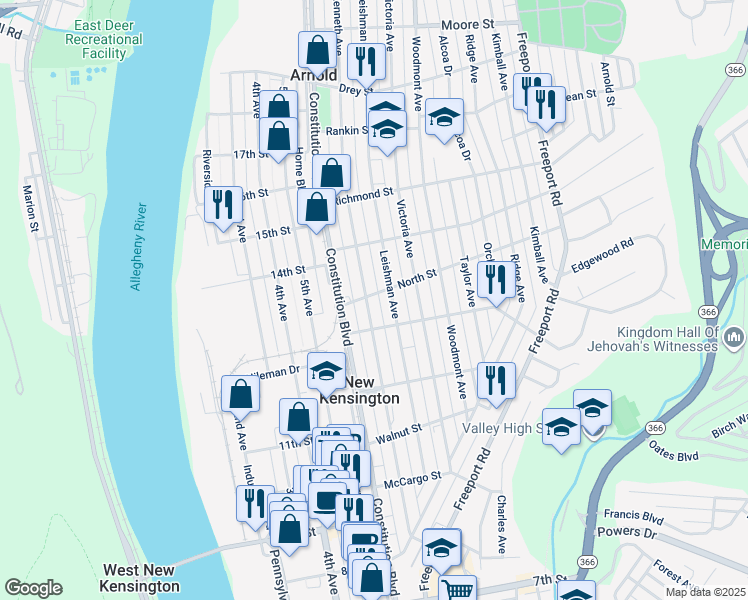 map of restaurants, bars, coffee shops, grocery stores, and more near 200 North Street in New Kensington