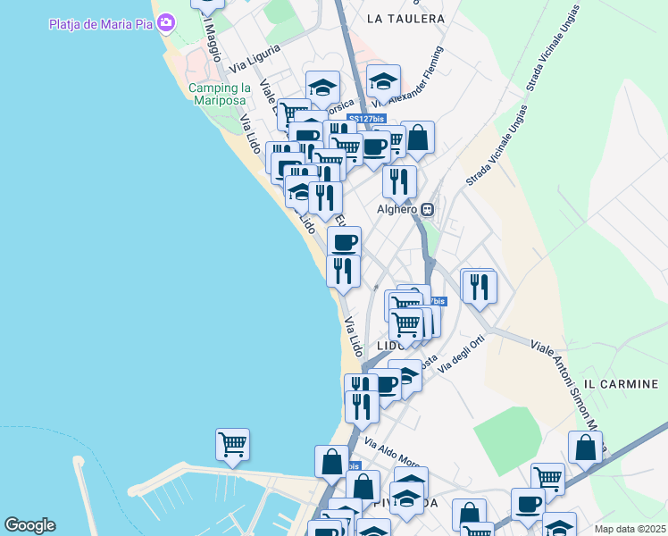 map of restaurants, bars, coffee shops, grocery stores, and more near 33B Via Lido in Alghero