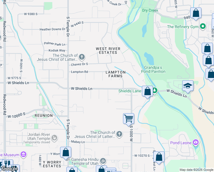 map of restaurants, bars, coffee shops, grocery stores, and more near 1114 West Shields Lane in South Jordan