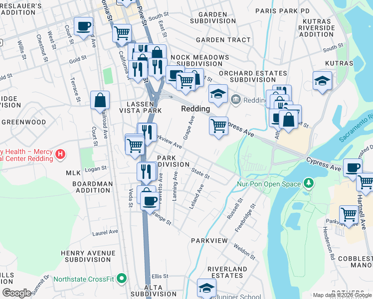 map of restaurants, bars, coffee shops, grocery stores, and more near Parkview Avenue & Lanning Avenue in Redding