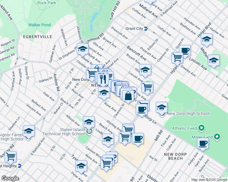 map of restaurants, bars, coffee shops, grocery stores, and more near 27 Coddington Avenue in Staten Island