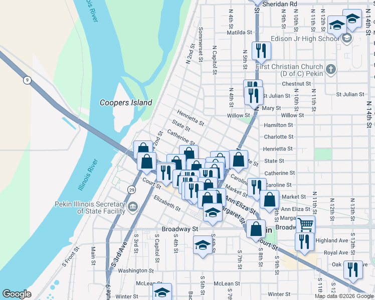 map of restaurants, bars, coffee shops, grocery stores, and more near Pekin Park District Trail (Peoria Trail Extension) in Pekin
