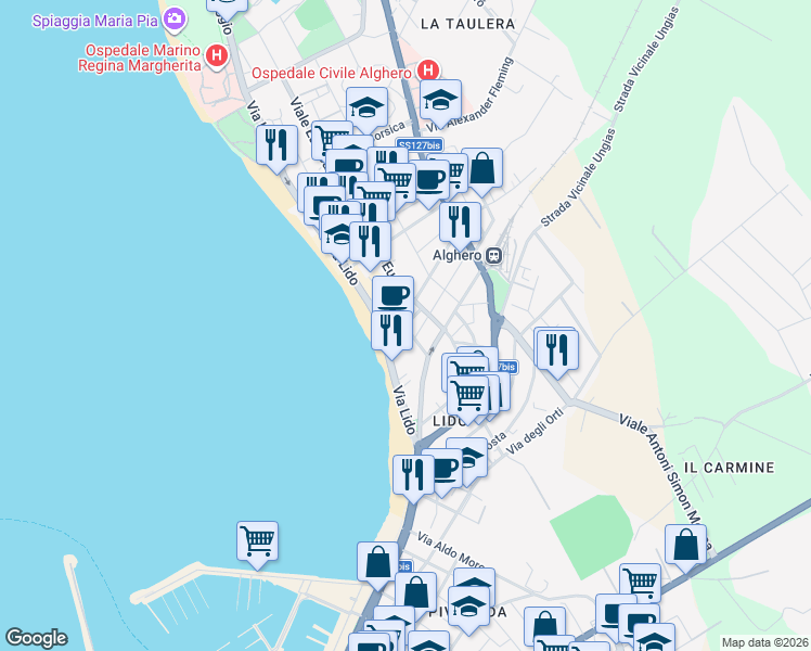 map of restaurants, bars, coffee shops, grocery stores, and more near 14 Viale Europa in Alghero