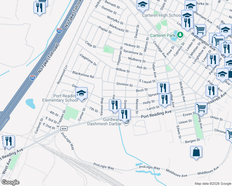 map of restaurants, bars, coffee shops, grocery stores, and more near 54 Division Street in Woodbridge Township