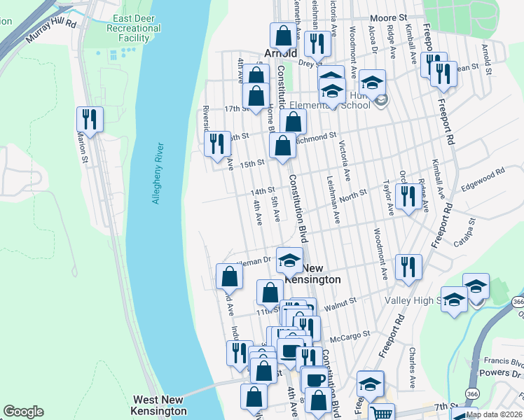 map of restaurants, bars, coffee shops, grocery stores, and more near 1378 4th Avenue in New Kensington