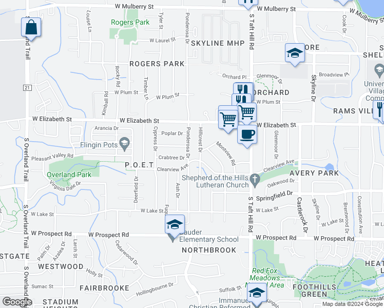 map of restaurants, bars, coffee shops, grocery stores, and more near 1020 Ponderosa Drive in Fort Collins