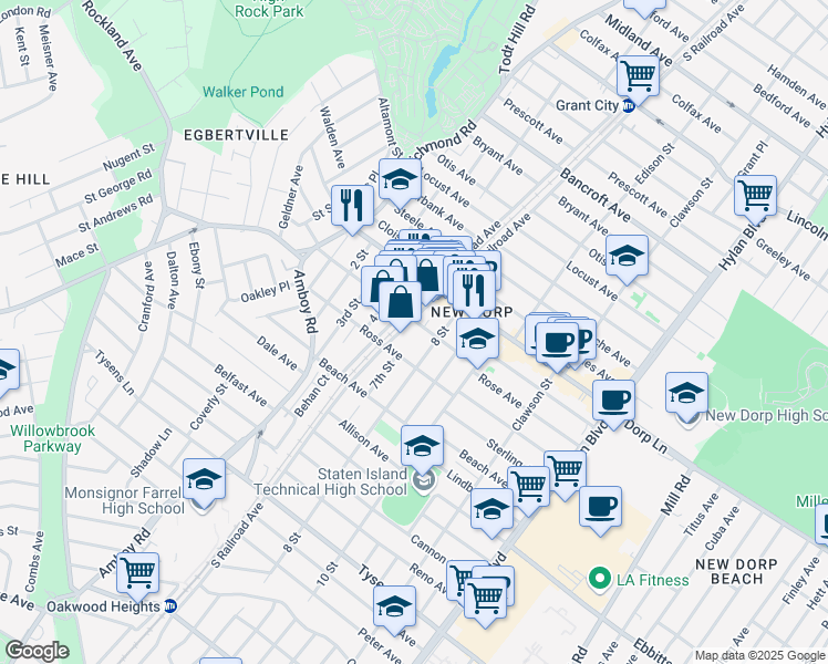 map of restaurants, bars, coffee shops, grocery stores, and more near 73 New Dorp Plaza in Staten Island