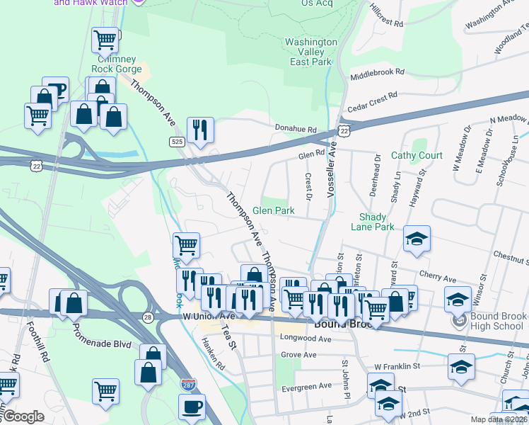 map of restaurants, bars, coffee shops, grocery stores, and more near 31 Glen Road in Bound Brook