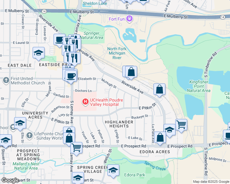 map of restaurants, bars, coffee shops, grocery stores, and more near 1014 McHugh Street in Fort Collins