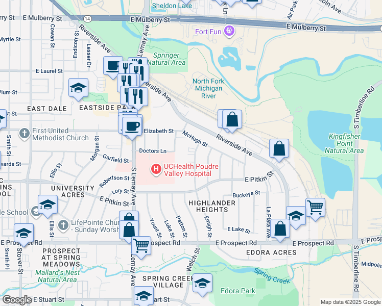 map of restaurants, bars, coffee shops, grocery stores, and more near 1014 McHugh Street in Fort Collins