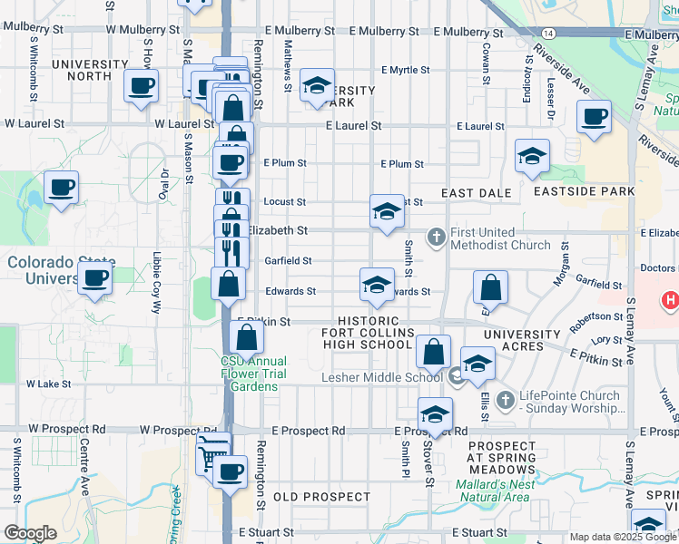 map of restaurants, bars, coffee shops, grocery stores, and more near 1014 Peterson Street in Fort Collins