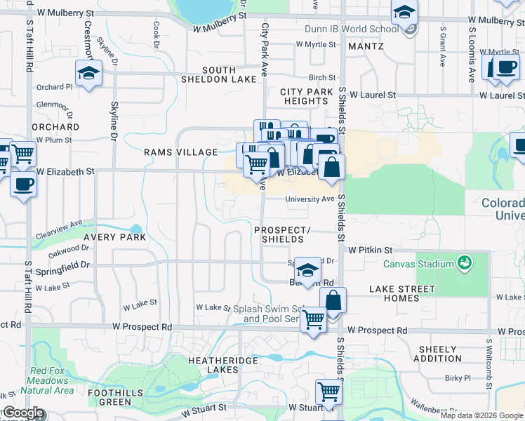 map of restaurants, bars, coffee shops, grocery stores, and more near 1324 University Avenue in Fort Collins