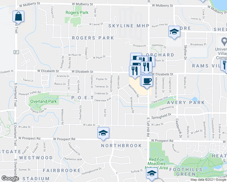 map of restaurants, bars, coffee shops, grocery stores, and more near 1020 Ponderosa Drive in Fort Collins