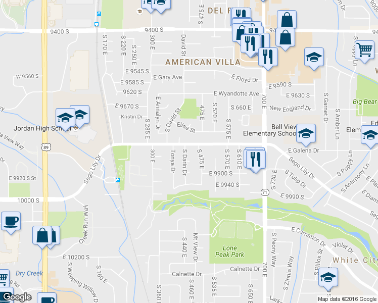 map of restaurants, bars, coffee shops, grocery stores, and more near 409 East Sego Lily Drive in Sandy