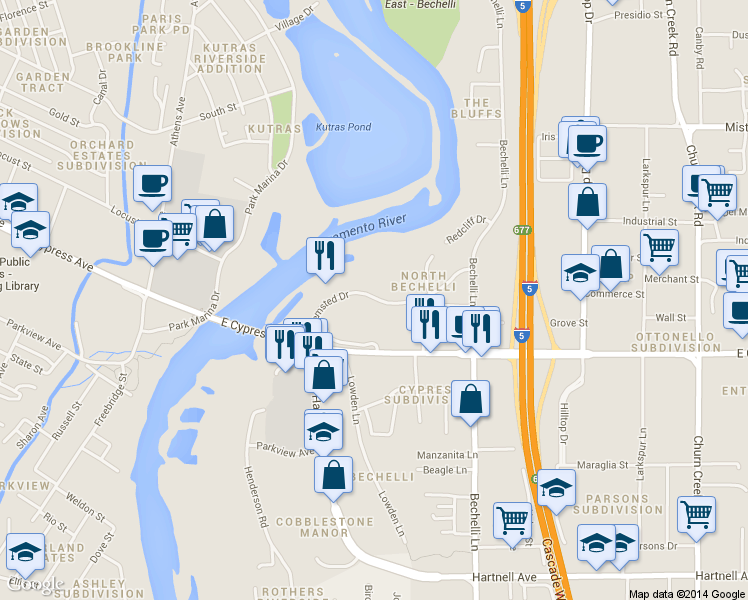 map of restaurants, bars, coffee shops, grocery stores, and more near 280 Hemsted Drive in Redding