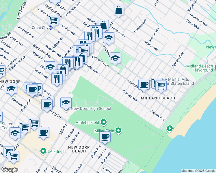 map of restaurants, bars, coffee shops, grocery stores, and more near 431 Greeley Avenue in Staten Island