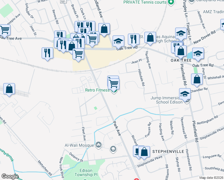map of restaurants, bars, coffee shops, grocery stores, and more near 2199 Gogel Street in Edison