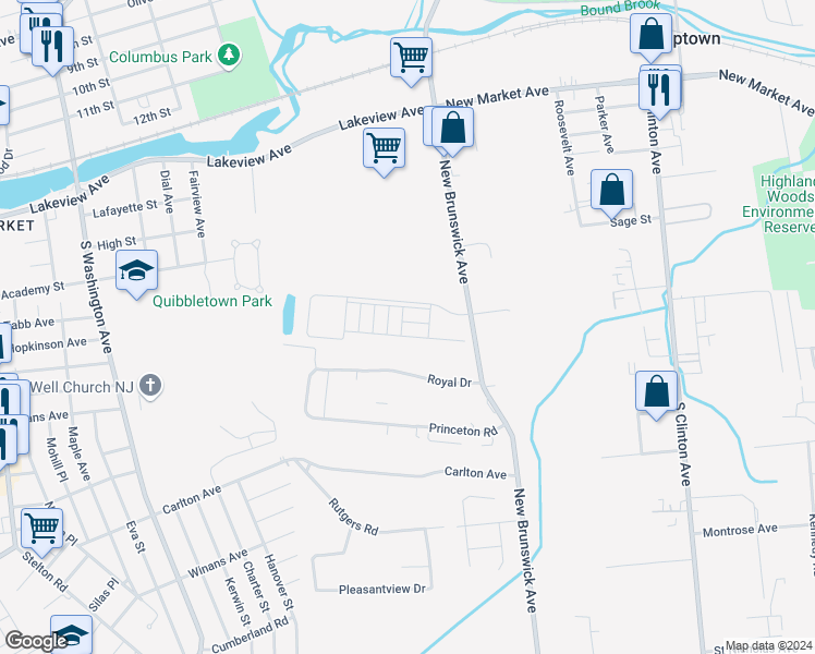 map of restaurants, bars, coffee shops, grocery stores, and more near 111 SteamBoat Way in Piscataway
