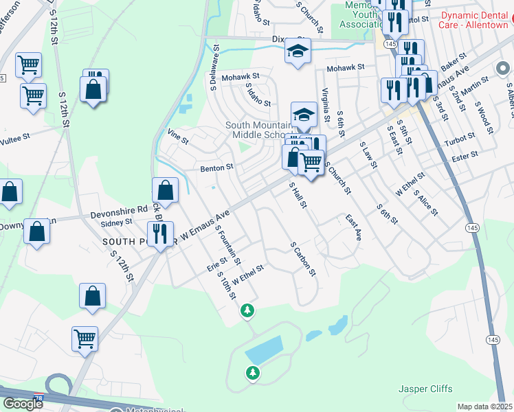 map of restaurants, bars, coffee shops, grocery stores, and more near 827 West Emaus Avenue in Allentown
