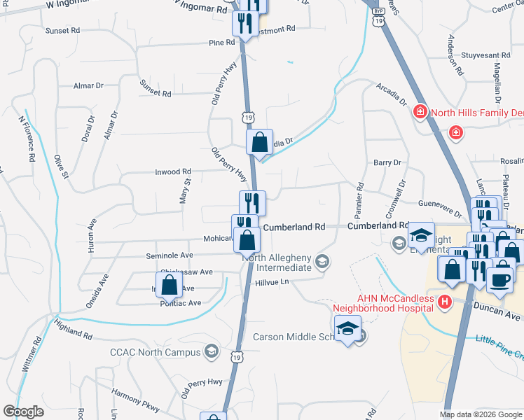 map of restaurants, bars, coffee shops, grocery stores, and more near 9200 Perry Highway in Pittsburgh