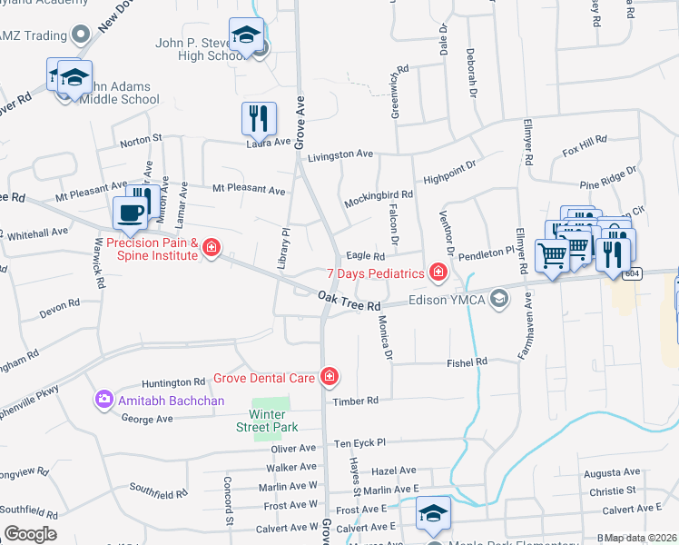 map of restaurants, bars, coffee shops, grocery stores, and more near Grove Avenue & Lynnwood Road in Edison