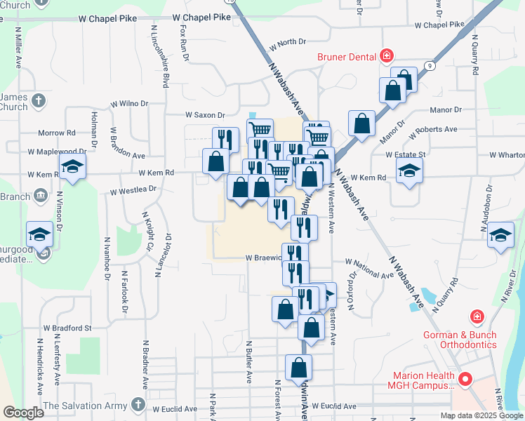map of restaurants, bars, coffee shops, grocery stores, and more near 1129 North Baldwin Avenue in Marion