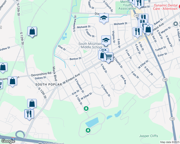 map of restaurants, bars, coffee shops, grocery stores, and more near in Allentown