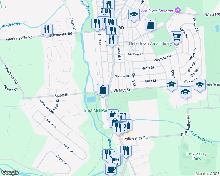 map of restaurants, bars, coffee shops, grocery stores, and more near 117 Main Street in Hellertown