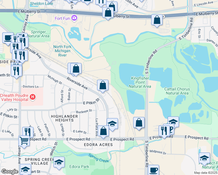 map of restaurants, bars, coffee shops, grocery stores, and more near 1101 Academy Court in Fort Collins
