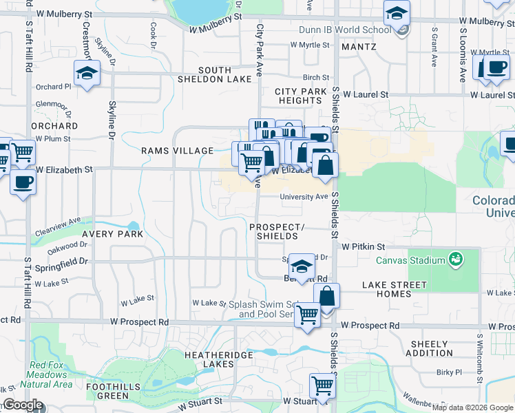 map of restaurants, bars, coffee shops, grocery stores, and more near 1324 University Avenue in Fort Collins