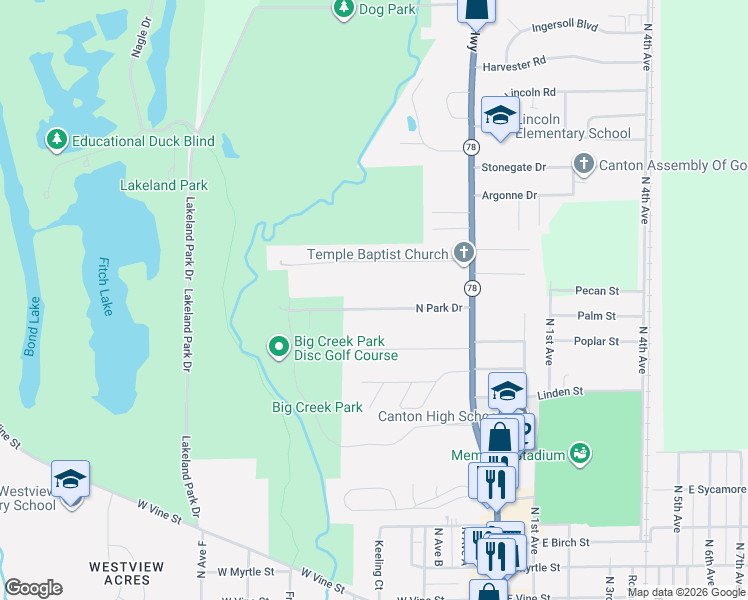 map of restaurants, bars, coffee shops, grocery stores, and more near 158 Van Dyke Drive in Canton