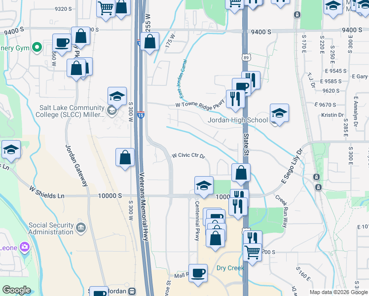 map of restaurants, bars, coffee shops, grocery stores, and more near 200 Civic Center Drive in Sandy