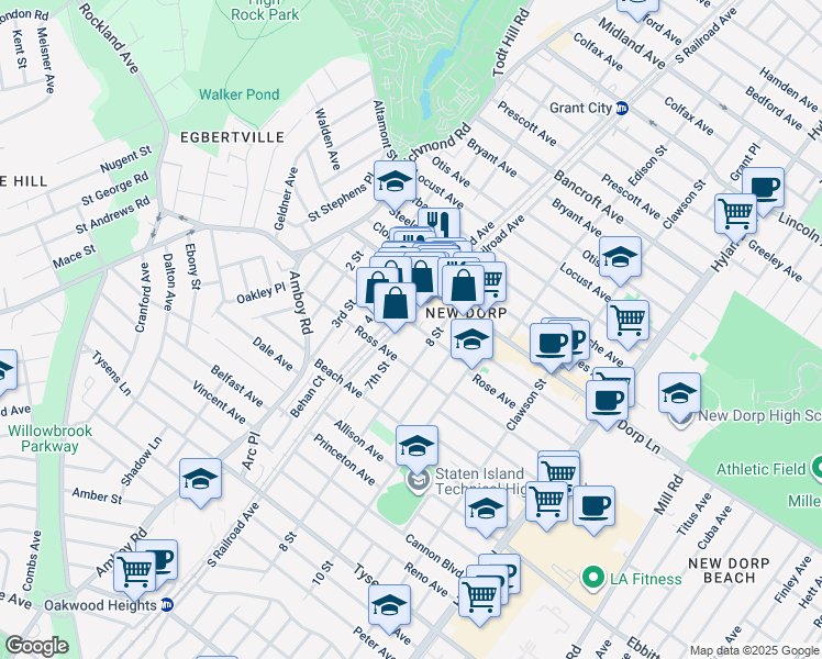 map of restaurants, bars, coffee shops, grocery stores, and more near 73 New Dorp Plaza in Staten Island
