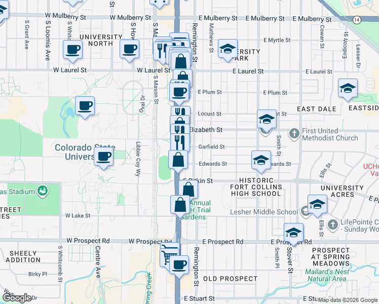 map of restaurants, bars, coffee shops, grocery stores, and more near 1105 Remington Street in Fort Collins