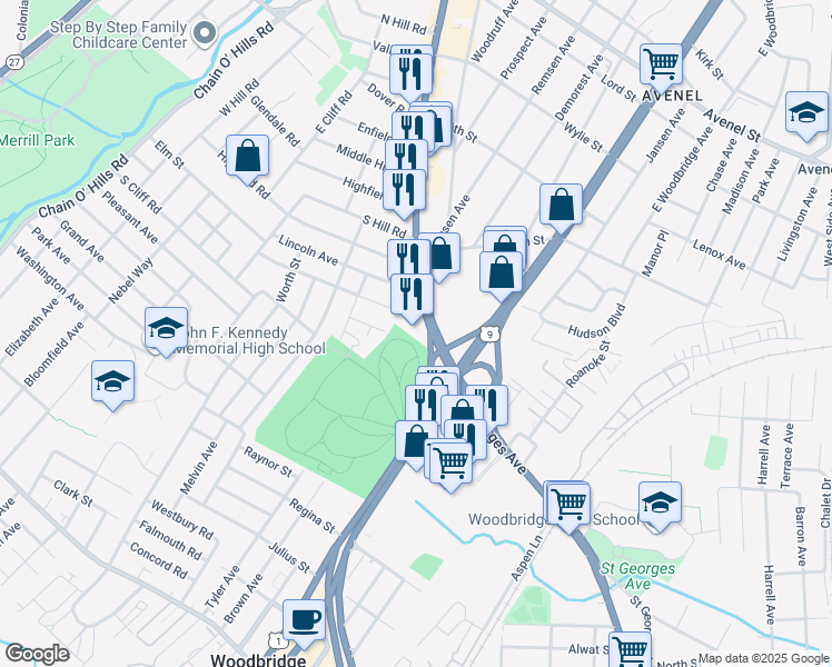 map of restaurants, bars, coffee shops, grocery stores, and more near 1015 Saint Georges Avenue in Woodbridge Township