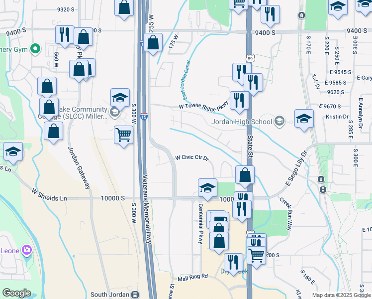 map of restaurants, bars, coffee shops, grocery stores, and more near 200 Civic Center Drive in Sandy