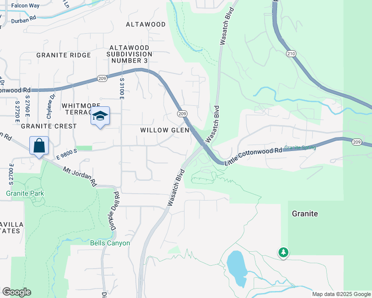 map of restaurants, bars, coffee shops, grocery stores, and more near 3327 East Wasatch Pines Lane in Sandy